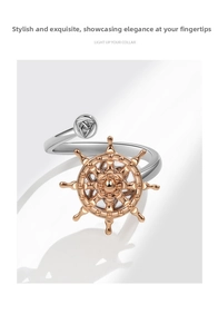 Detail of nautical rudder ring featuring dual-tone silver and rose gold adjustable band