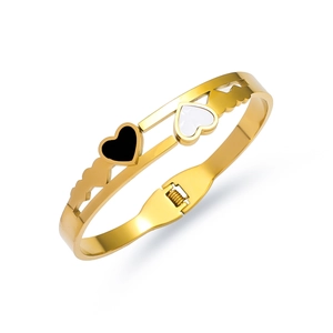 Gold stainless steel open heart bangle with black and white enamel heart details