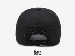 Back view of breathable black quick-dry baseball cap with laser-cut holes and buckle