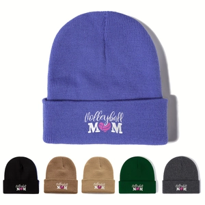 Volleyball Mom Beanie Hat Embroidered Heart Volleyball Acrylic Knitted Cuffed Cap For Women Winter Outdoor Warm