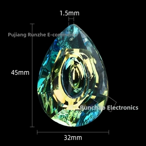 Detail view of a 45mm faceted teardrop crystal pendant with colorful AB coating finish