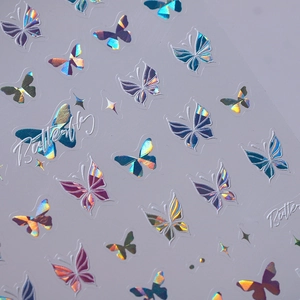 3D holographic butterfly nail art stickers with metallic laser iridescent relief effect