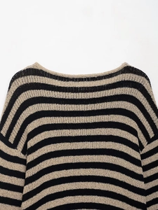 Détail de l'encolure ronde et des épaules tombantes de ce pull en maille à rayures noires