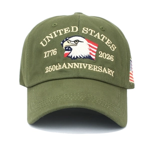 Detail of army green baseball cap featuring high-quality US 250th anniversary embroidery