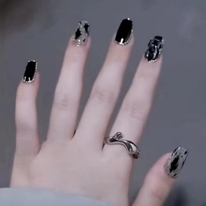 Gothic Long Ballerina Coffin Press On Nails Dark Style Black Silver Glitter Rhinestone Fake Nails For Women