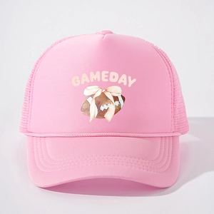Pink GAMEDAY trucker hat with football bow print and breathable mesh back for women