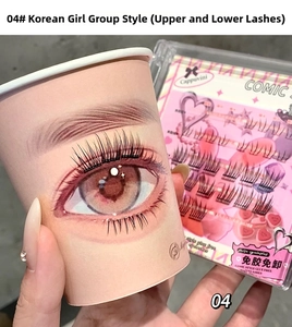 Detail view of glue-free natural fake eyelashes with hand holding the package and demo illustration