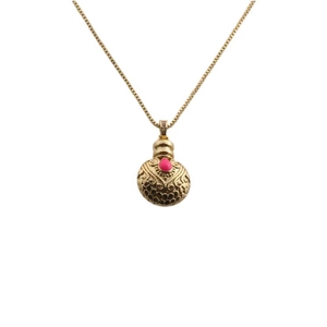Fashionable gold necklace with round embossed pendant and pink stone on white background