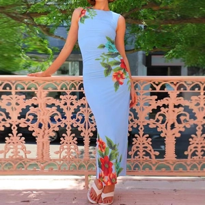 Vestido Maxi Sin Mangas Con Estampado Floral Para Mujer Ajuste Ceñido Poliéster Cuello Redondo Verano Elegante Largo