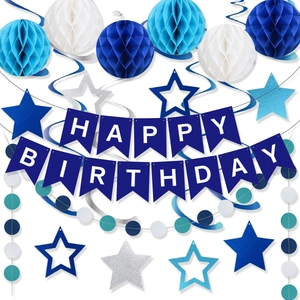Blue and white boy's birthday decoration set with banners, stars and paper honeycomb balls