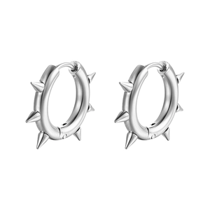 Silver stainless steel punk hoop earrings with pointed cone rivets in a pair
