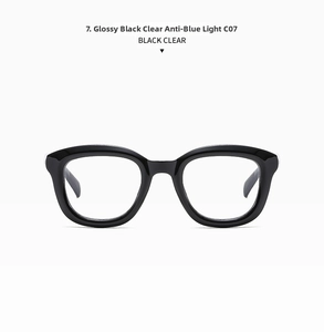 Detailed front view of shiny black round sunglasses with anti-blue light clear lenses