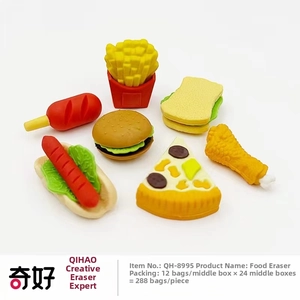 Macro shot of 3D food-shaped erasers including burger, pizza and fries for stationery gifts