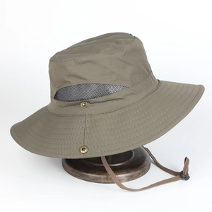 Detail of army green outdoor sun hat showing breathable mesh and adjustable windproof cord