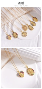 Detailed view of Virgin Mary pendants with colorful stones on gold necklaces