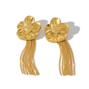Vintage 18K gold plated stainless steel floral earrings with long tassel fringe chains