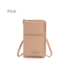 Pink lychee texture PU leather phone crossbody bag detail with metal zipper and front pocket