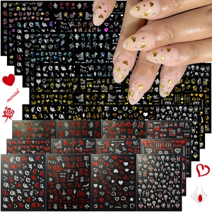 12 sheets of Valentine red heart and rose nail art stickers with gold and silver metallic designs