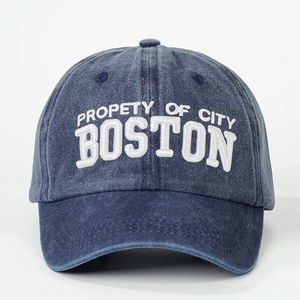 Navy blue washed denim baseball cap with white Property of City Boston embroidery
