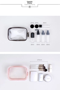 Capacity display of clear PVC toiletry bags showing 10-50ml bottles and 170mm makeup brushes