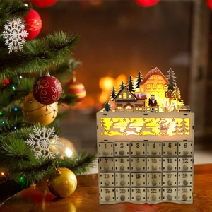 Wooden Christmas Advent Calendar with LED light village scene and 24 storage drawers