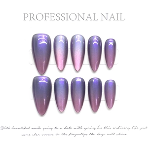 Faux Ongles Press On Fait Main Dégradé Chat Oeil Bleu Violet Forme Amande Stiletto Brillant Métallique Style Français