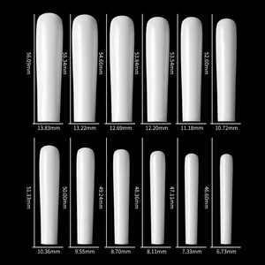 Size chart showing 12 different sizes of extra long coffin ballerina false nail tips