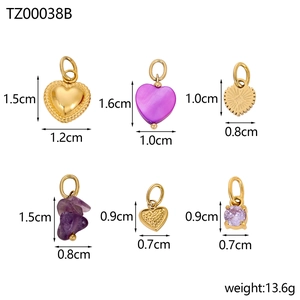 Set of six gold heart and geometric pendants with purple stones and size measurements