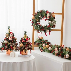 Nordic mini Christmas tree set with wreath and garland in red and gold festive decor