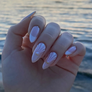Unghie Finte French Press On Forma Mandorla Lunga Texture Conchiglia Rosa Perla Artificialto Con Micro Sfere Dorate Manicure Elegante Per Donne