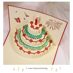 Detailed 45-degree view of a 3D pop-up birthday cake card with laser-cut patterns