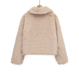 Women's apricot faux fur plush jacket with lapel collar and long sleeves for winter