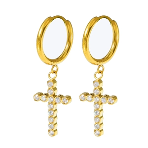 Elegant gold titanium cross hoop earrings inlaid with shimmering cubic zirconia stones