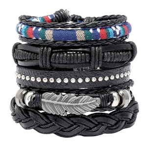 Handmade Woven Leather Bracelets Feather Pendant Alloy Studs Beads Punk Bohemian Retro Ethnic Jewelry Men Women