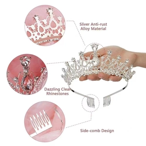 Detail of silver anti-rust alloy crown featuring dazzling clear rhinestones and side-combs