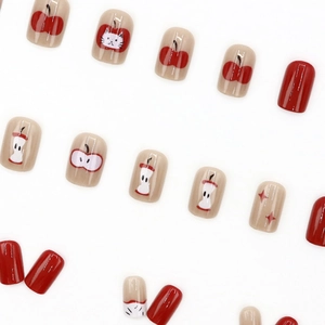 Cute apple and cat design press-on nails with short square shape in glossy pink and red