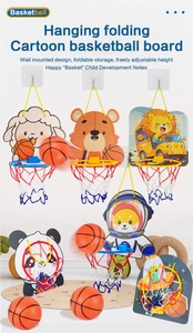 Detail showing various cartoon backboards with wall-mounted hooks and folding design