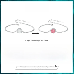 Detailed specs of S925 silver rose bracelet with UV color changing effect and size info
