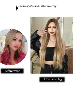 Before and after comparison showing seamless blonde ombre long straight wig results
