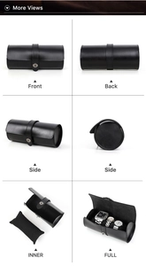 Detailed multi-angle views of black leather triple watch roll with snap closure and cushions