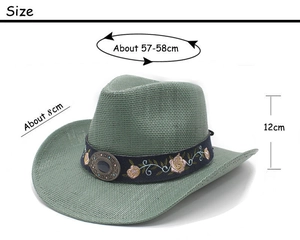 Size specifications for grass green cowboy hat with 8cm brim and floral embroidery