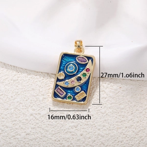 Detail of tarot card pendant with blue enamel and colorful cubic zirconia stones
