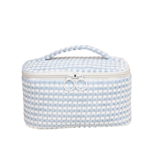 Blue and white checkered plush makeup bag with double zipper and top handle