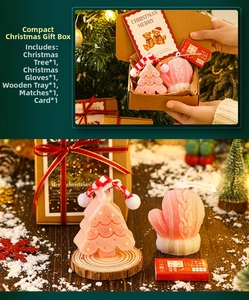 Christmas scented candle set with pink tree and glove shapes in a kraft gift box