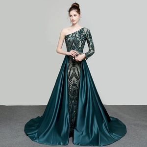 Women Sequin Embroidery Single Shoulder Long Sleeve Evening Gown Satin Mermaid Formal Party Dress Elegant Sexy