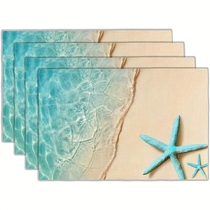 Set of four coastal placemats with ocean beach scenery and blue starfish decor