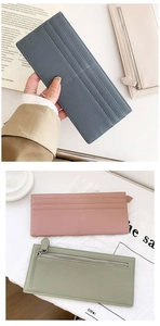Litchi pattern leather slim wallet shown in blue, pink, and green Morandi colors