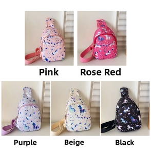 Detailed comparison of kids unicorn chest bags in pink, rose, purple, beige, and black