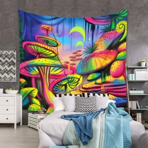 Detail of bohemian mushroom tapestry with fluorescent forest design hanging on a bedroom wall