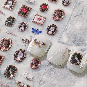 3D relief nail art stickers featuring vintage oil painting portraits and red roses